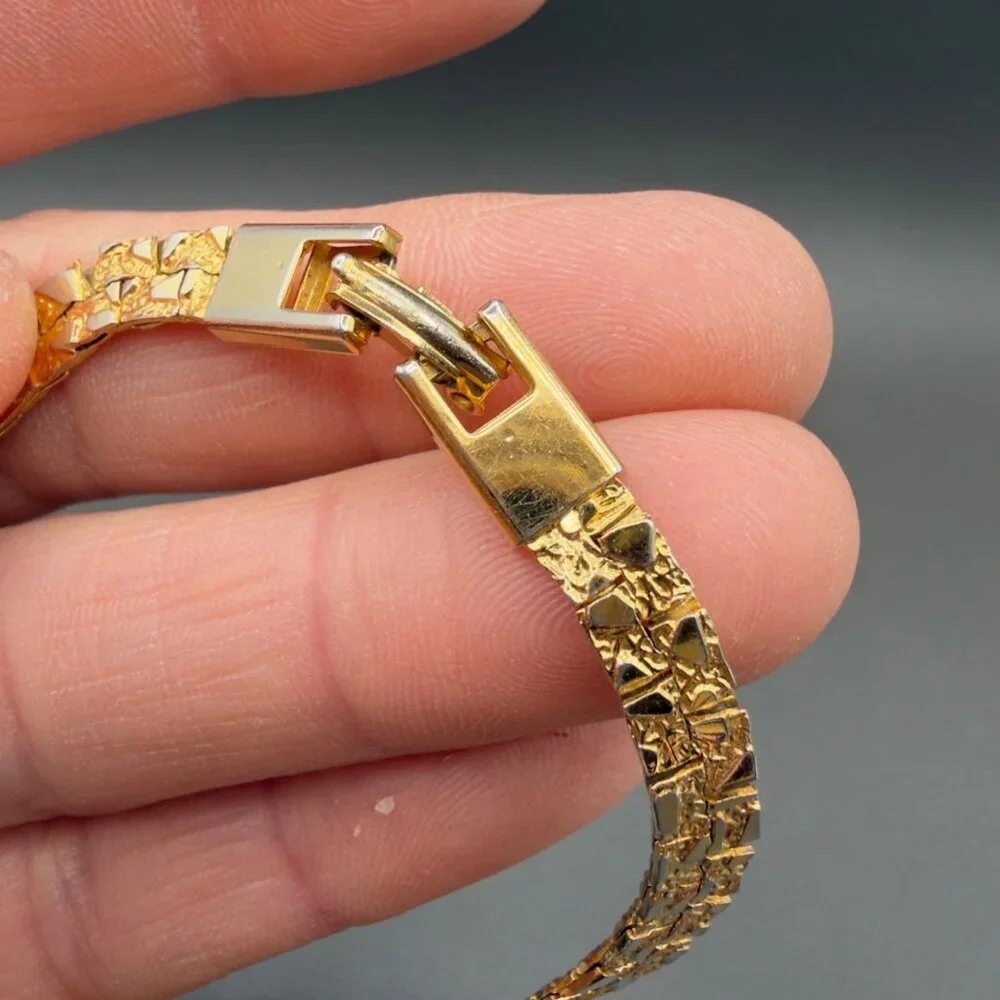 Vintage Gold Tone Textured Nugget Link Necklace Bracelet Set Crystal Accent - Picture 7 of 12